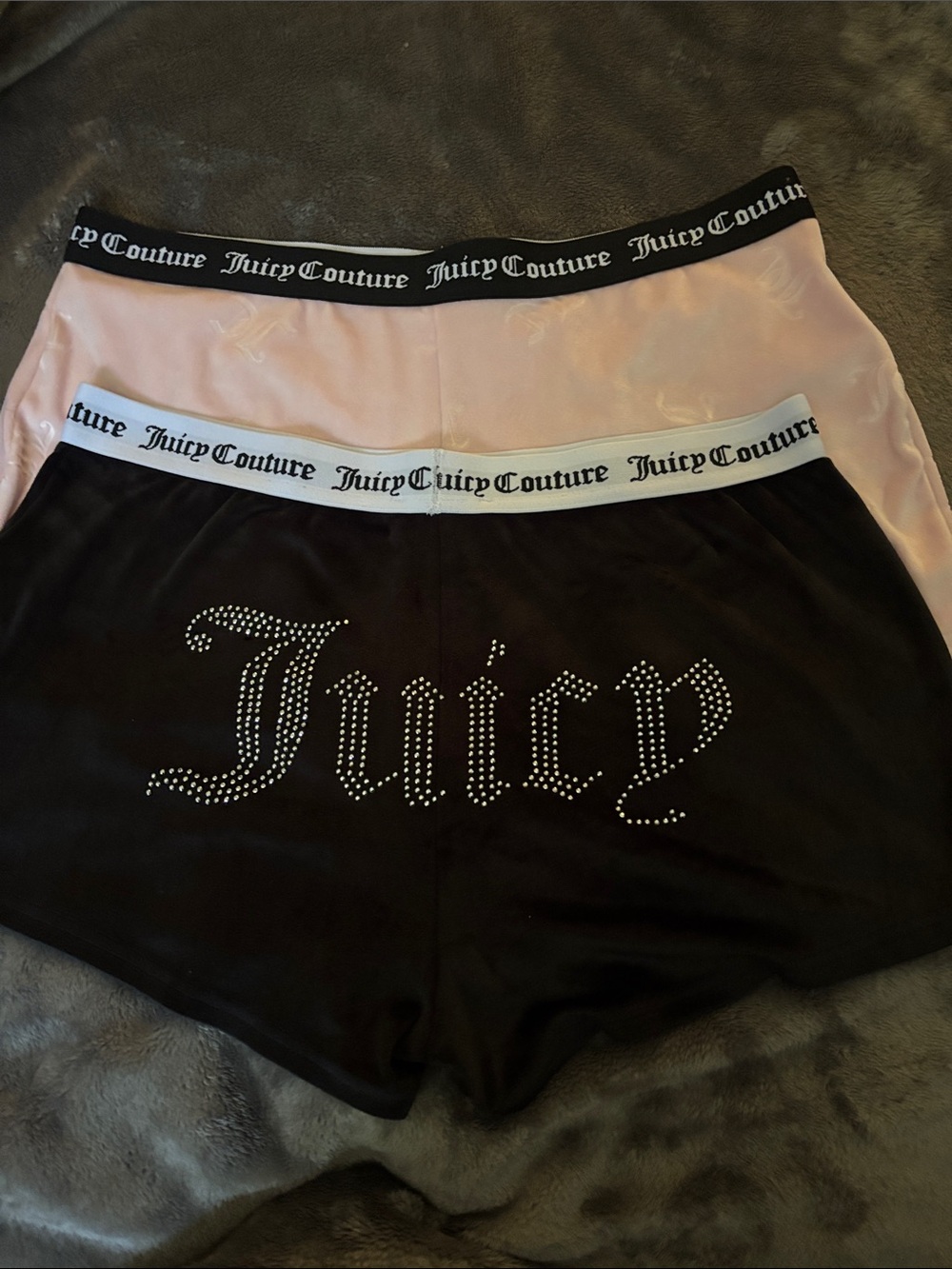 2 Juicy Couture Black & Light Pink Rhinestone 'Juicy' Lounge Shorts Duo